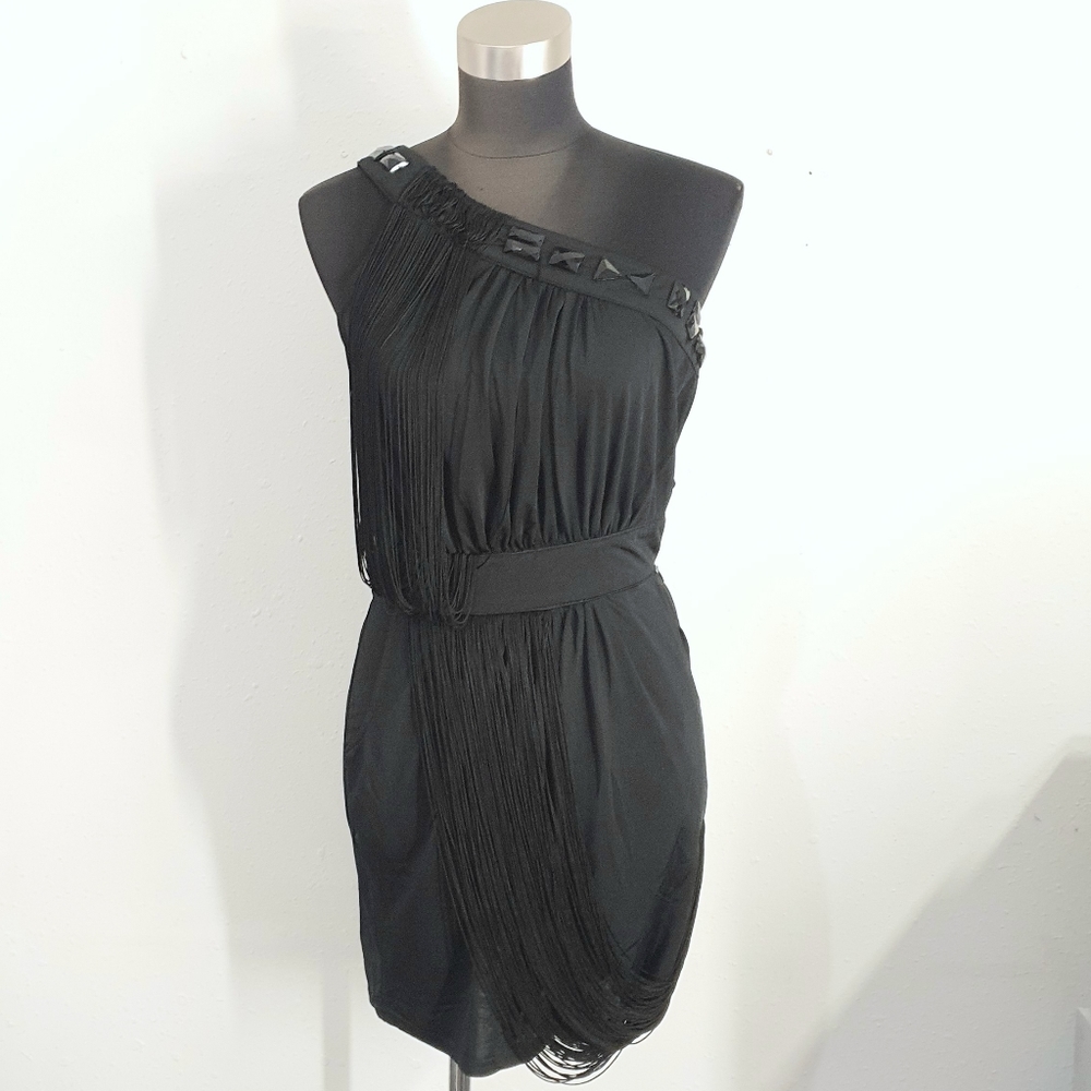B. Tru Black One Shoulder Fringe Party Dress